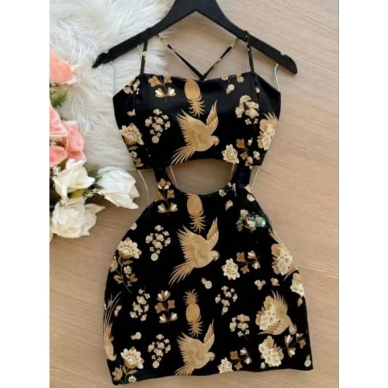 Vestido Macaquinho Feminino Estampa Tropical Tecido crepe Contém bojo alça fina Amarra atrás