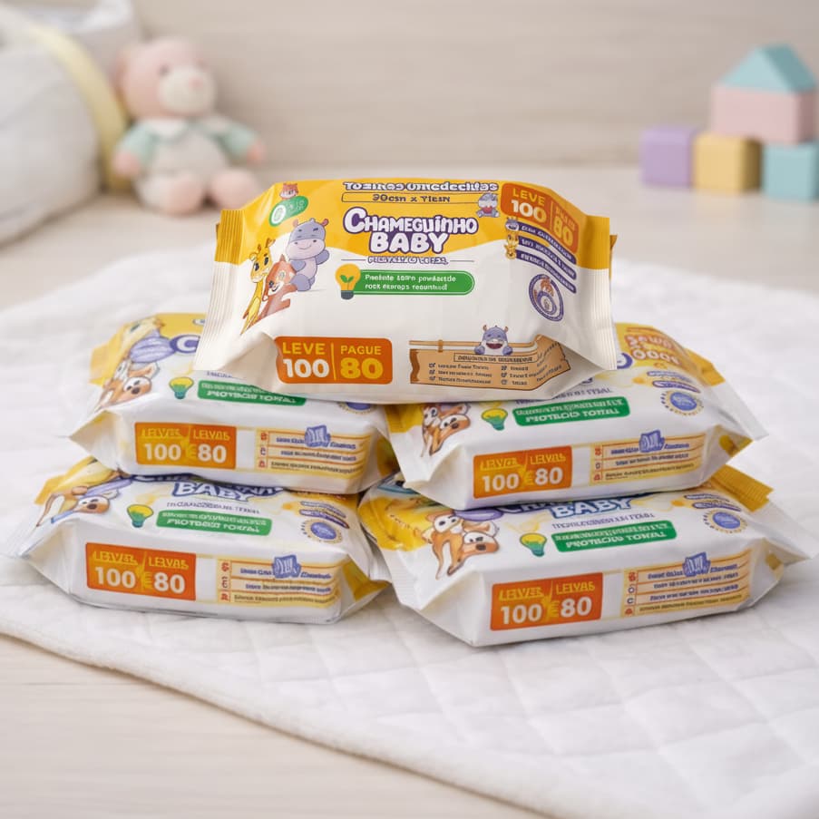 Kit 5 Pacotes Toalhas Umedecidas CHAMEGUINHO BABY 100 Folhas - 19x13 cm Mamãe Bebê