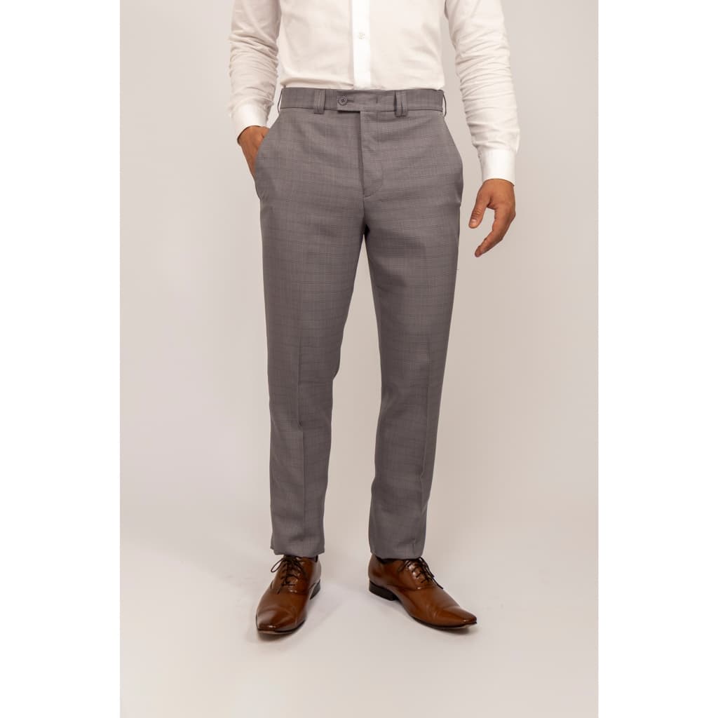 Calça Social Masculina Alfaiataria Slim Cinza Claro , Tecido Microfibra Xadrez e Cós transpassado, Sem barra