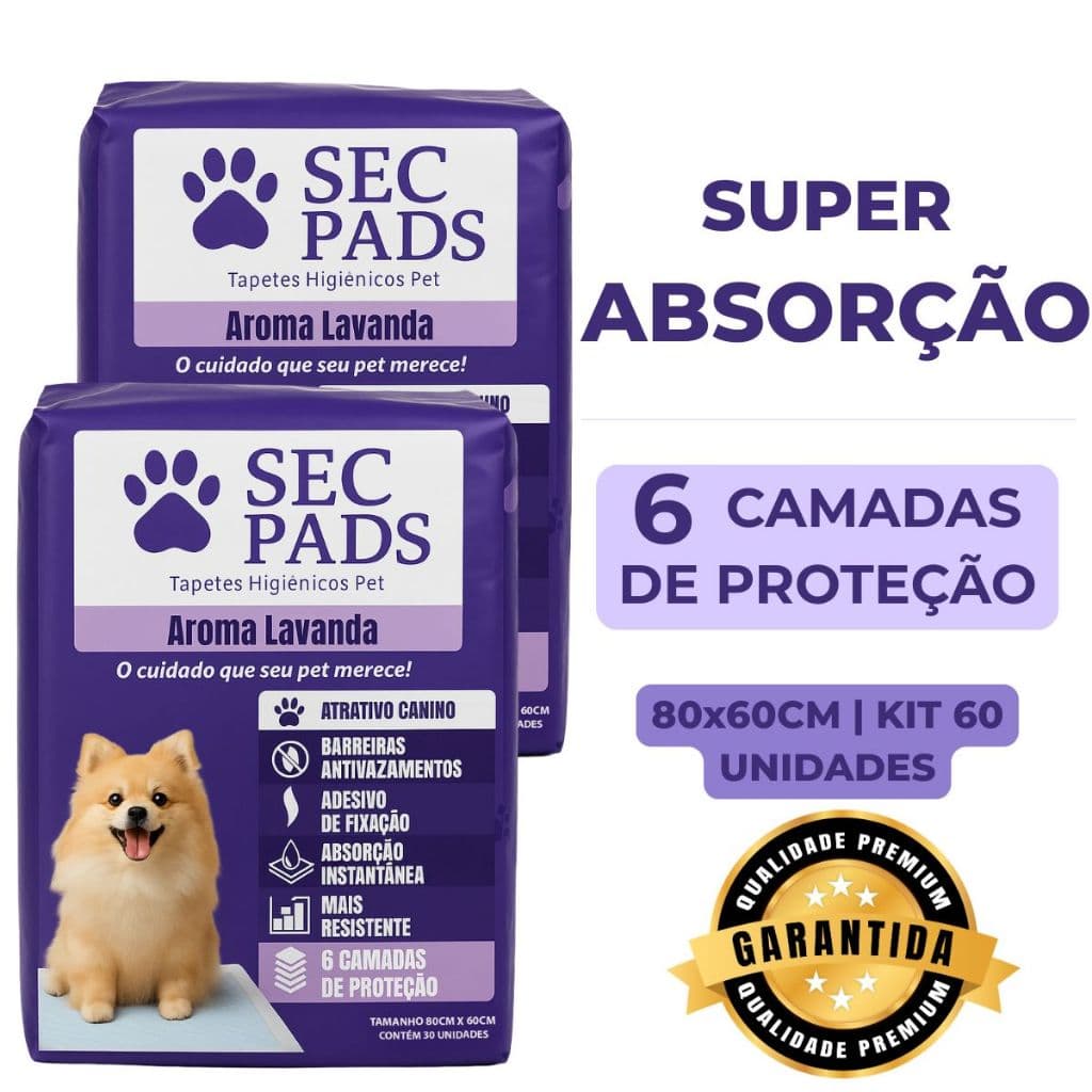 60 Tapete Higiênico Cachorro 80x60cm Ultra Proteção Controle de Odores Aroma Lavanda com Camada Absorvente