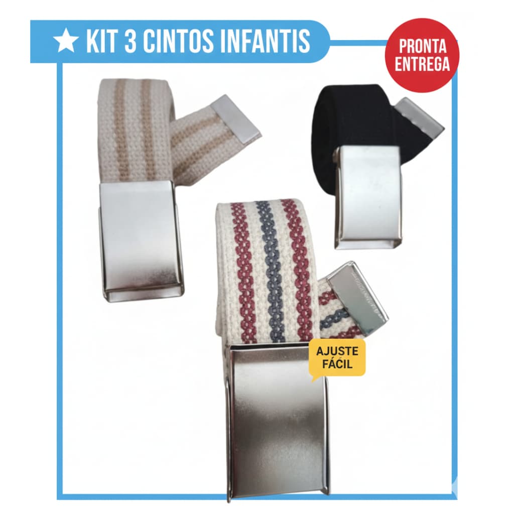 Kit Cinto Infantil Lona Criança Menino Menina Juvenil Ajustável Fivela Catraca Escolar Resistente