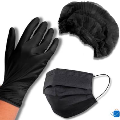 Kit 100 Luva Nitrilica Preta +100 Touca TNT Preta + 50 Máscara Preta Tripla Camada Com Clipe Nasal