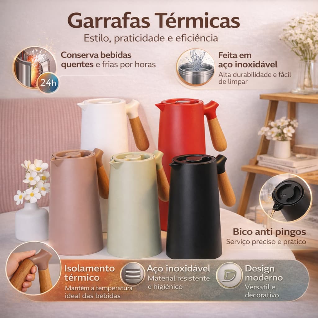 Garrafa Térmica Nórdica 1 Litro Café Chá Cabo de Madeira Luxo Café Chá Design Decorativo Elegante