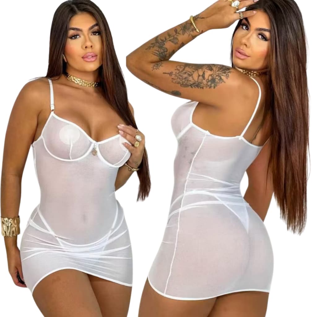 Conjunto Camisola Feminina com Calcinha  em Tule Transparente com Aro Lingerie Noite Especial