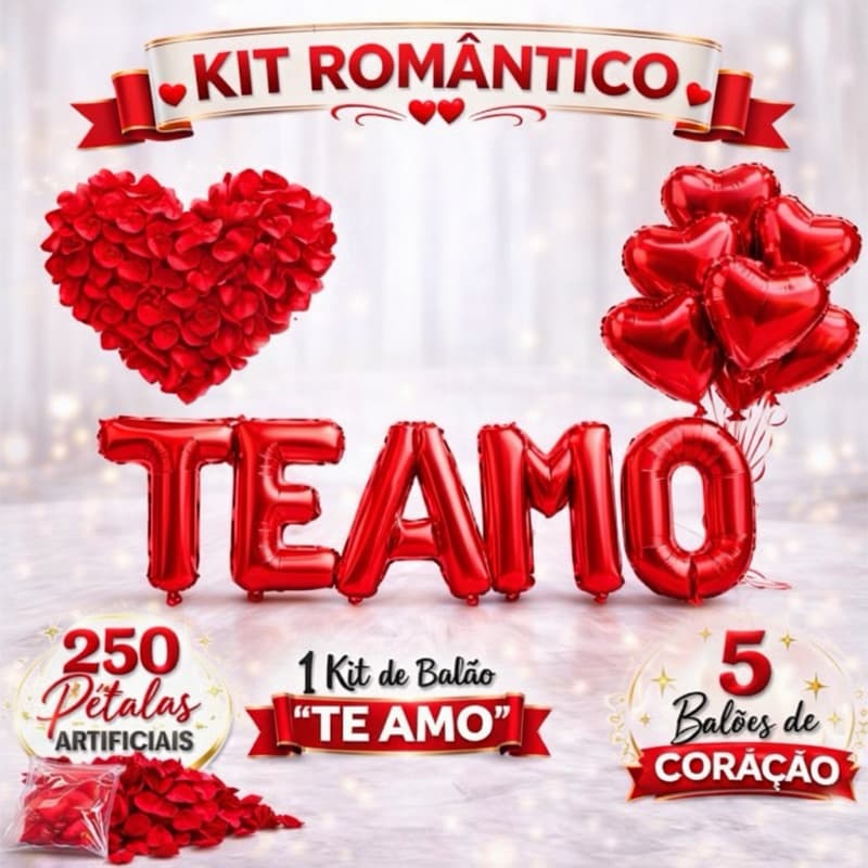 Kit Romântico 250 Pétalas Artificiais + 5 Balão Coração + TE AMO
