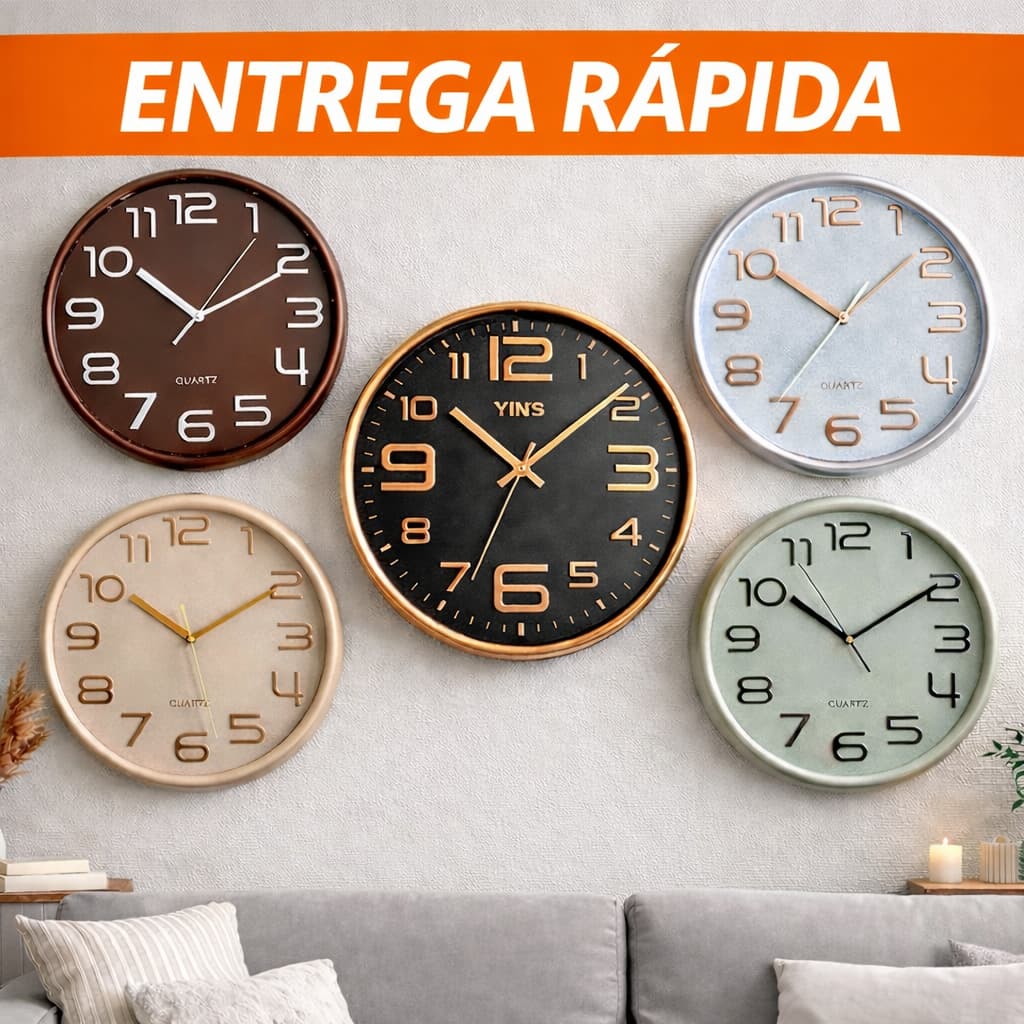 Relógio de Parede 30cm Grande Moderno Silencioso Decorativo Dourado Sala Cozinha Quarto Escritório