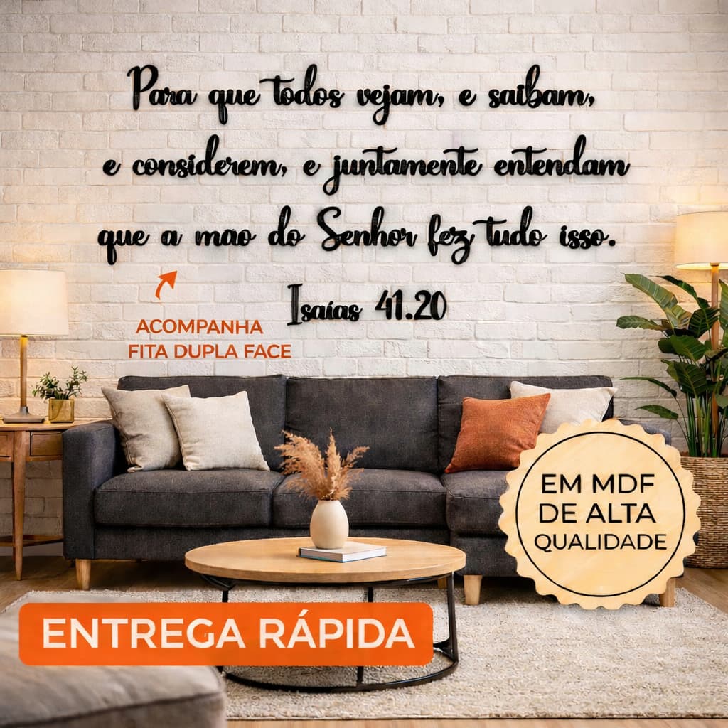 Frase Versículo Isaías 41:20 MDF Preto Decorativo de Parede  93x43cm quadro Moldura Motivacional Cristã com Dupla