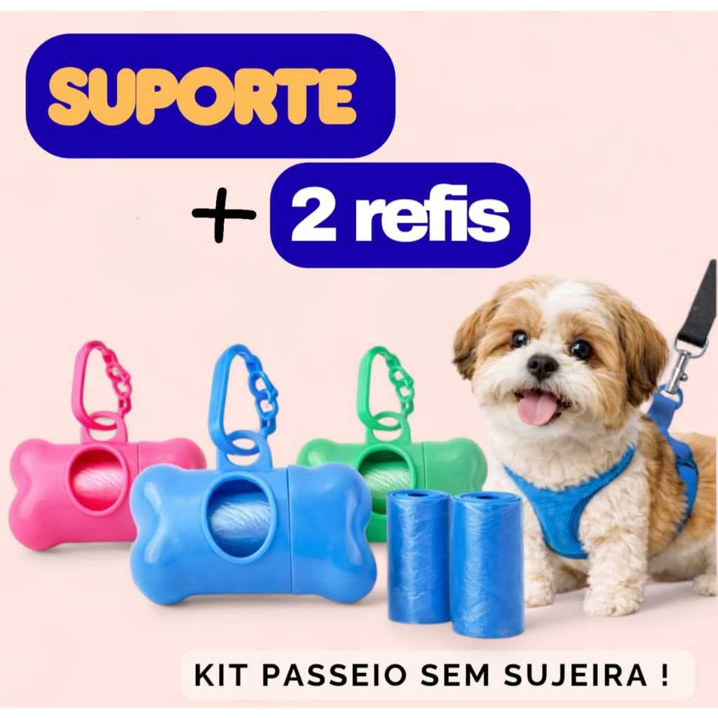 Kit Suporte Cata Caca Coco + 30 Saquinhos Refil  Higienico Cachorro Caes Gato  saco de lixo pet