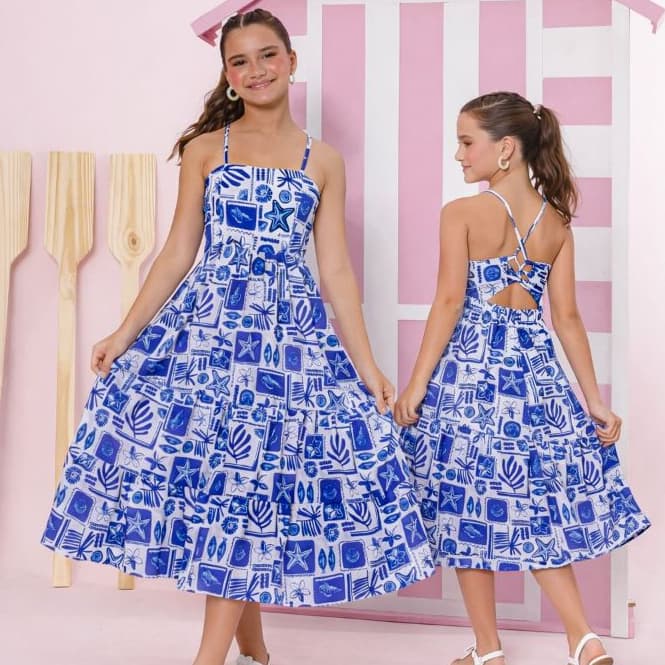 Vestido Midi Infantil Alcinha Cor Azul Estampado Colorido Verão Festa Tam 4 6 8 10 12 14 Promoção
