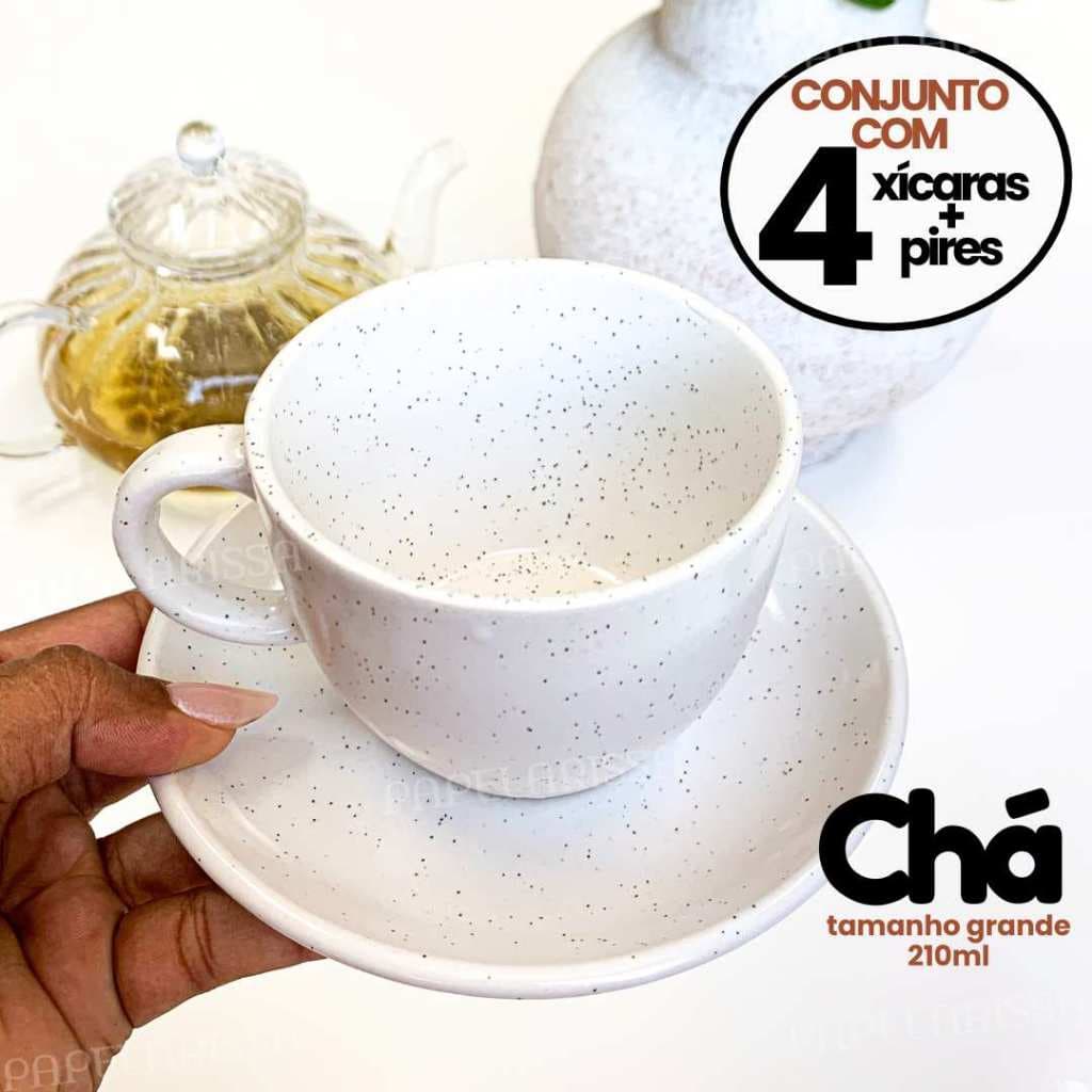 Jogo c/ 4 Xícaras de Chá Cafe com Pires 210ml Cerâmica Off White Branca Moderna Mesa Posta Cappuccino Cafeteria