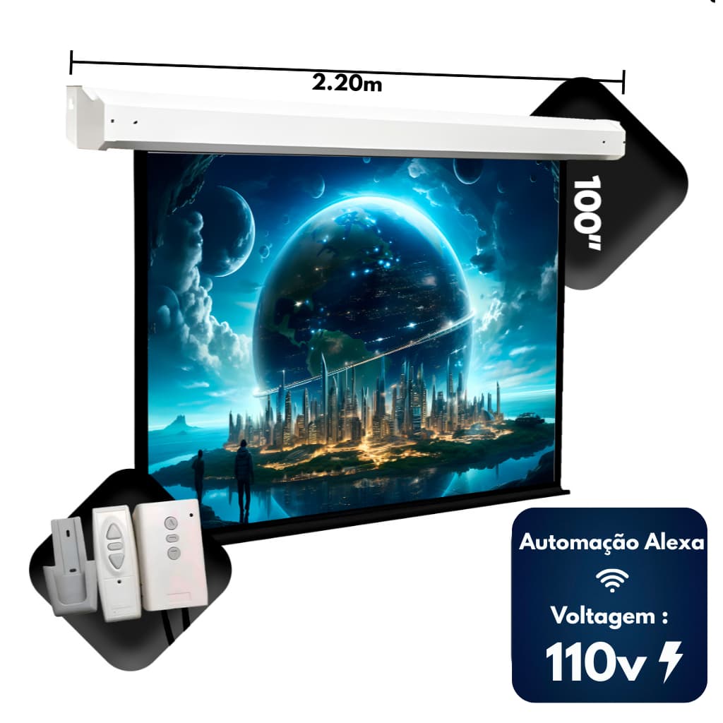 Tela De Projeção Elétrica 100 Polegadas 110v Retratil Com Controle Remoto Automação Com Alexa