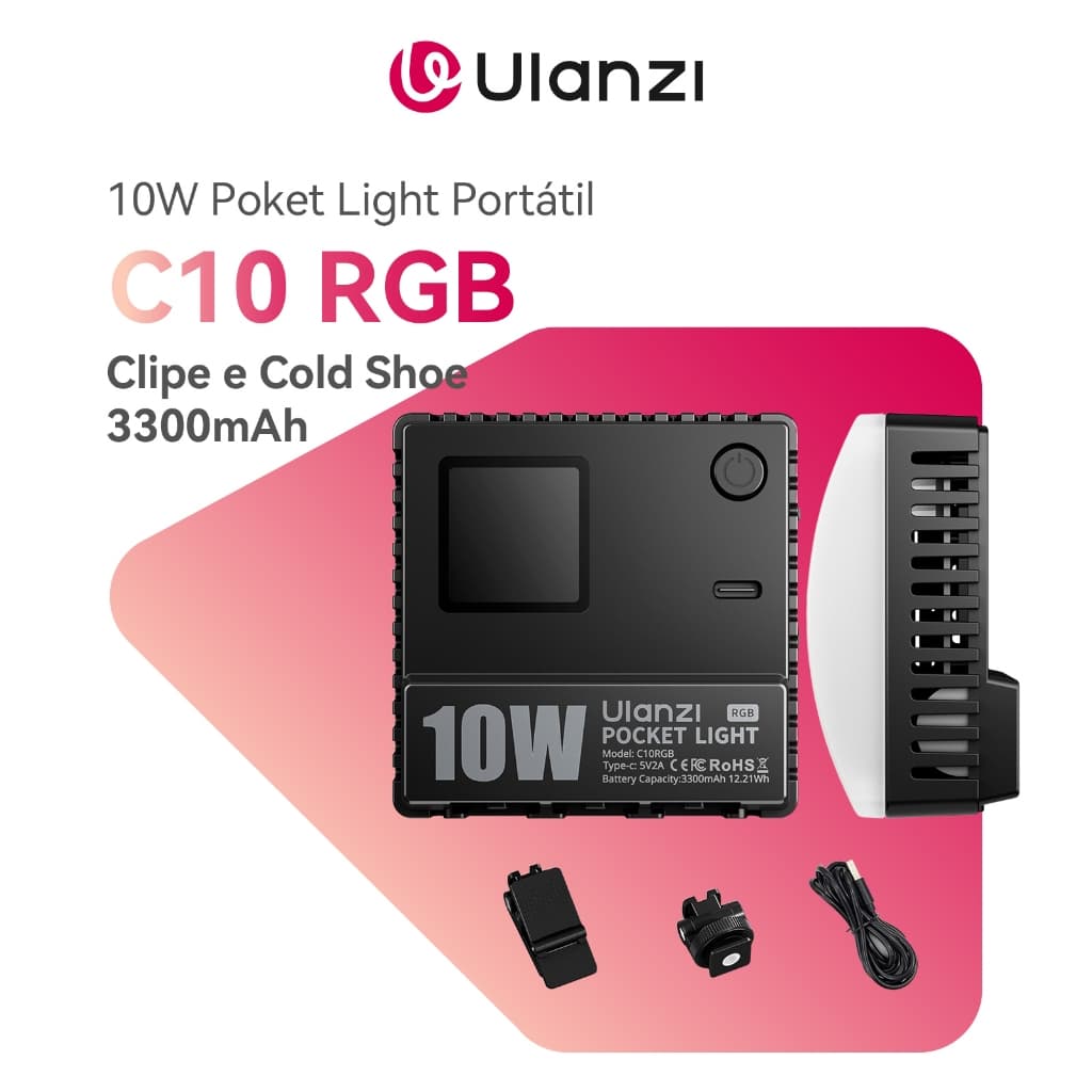 ULANZI C10 RGB Pocket Light LED 10W, Portátil1300 Lux, Bateria 3300mAh, Clipe e Cold Shoe