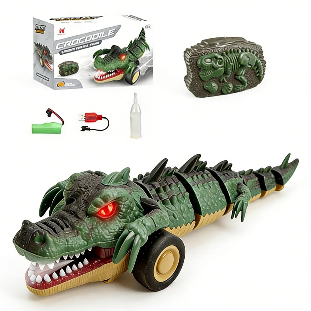 Crocodilo Controle Remoto 2.4G Recarregável c/ Fumaça e Luz Cauda Móvel Brinquedo Menino