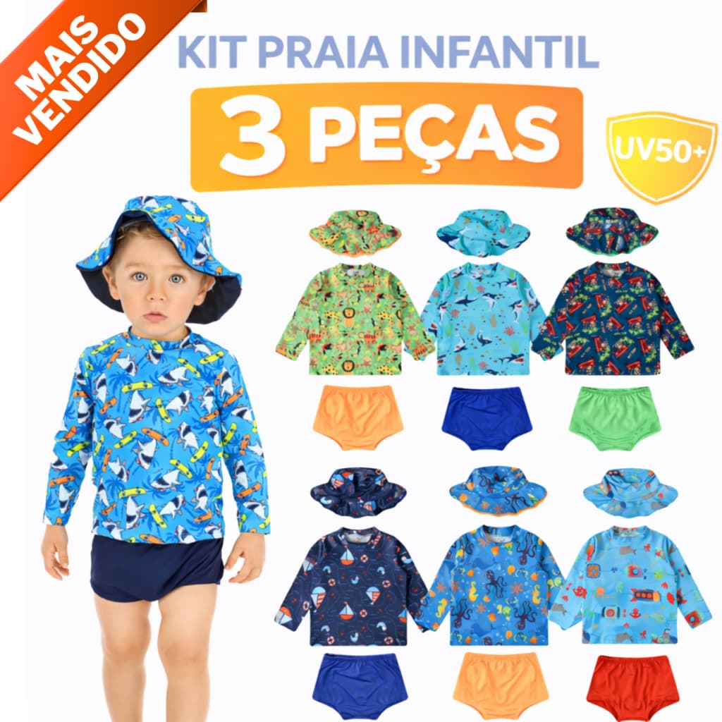 Kit Lote Blusa com Proteção Solar UV50 + Tapa Fralda (sunga) + Chapéu Bebê e Infantil Moda Praia Meninos