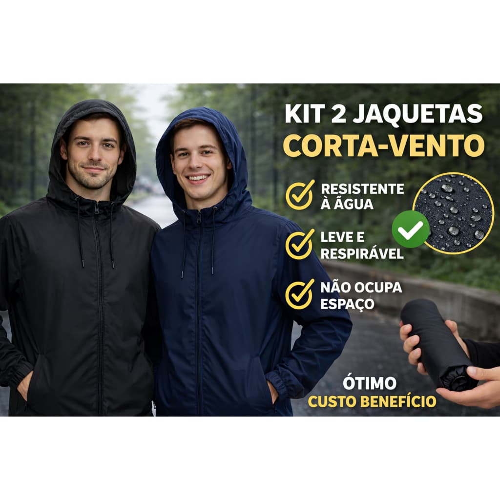 Kit 2 Jaqueta Corta Vento Masculino Resistente Impermeável Bolso Zíper Capuz Leve Premium