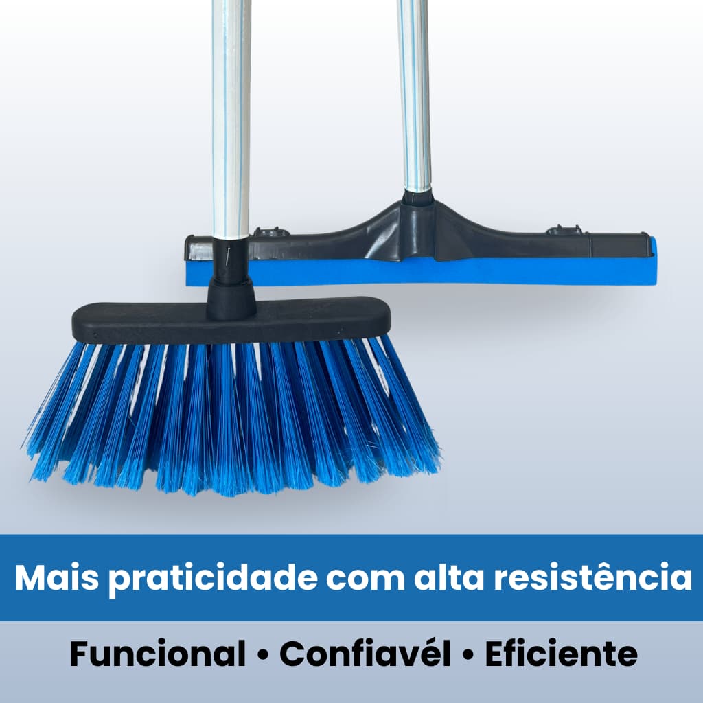 Vassoura e Rodo Azul com Cabo 1,20cm Kit Essencial para Limpeza Diária Eficiente