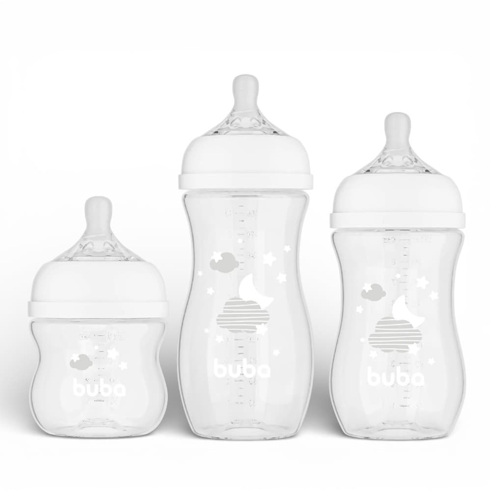 KIT 3 Mamadeiras BUBA Easy Flow Anti-cólica - Nuvem Branca 0+ 120ml , 2+ 270ml , 4+ 330ml - Bebe, Buba