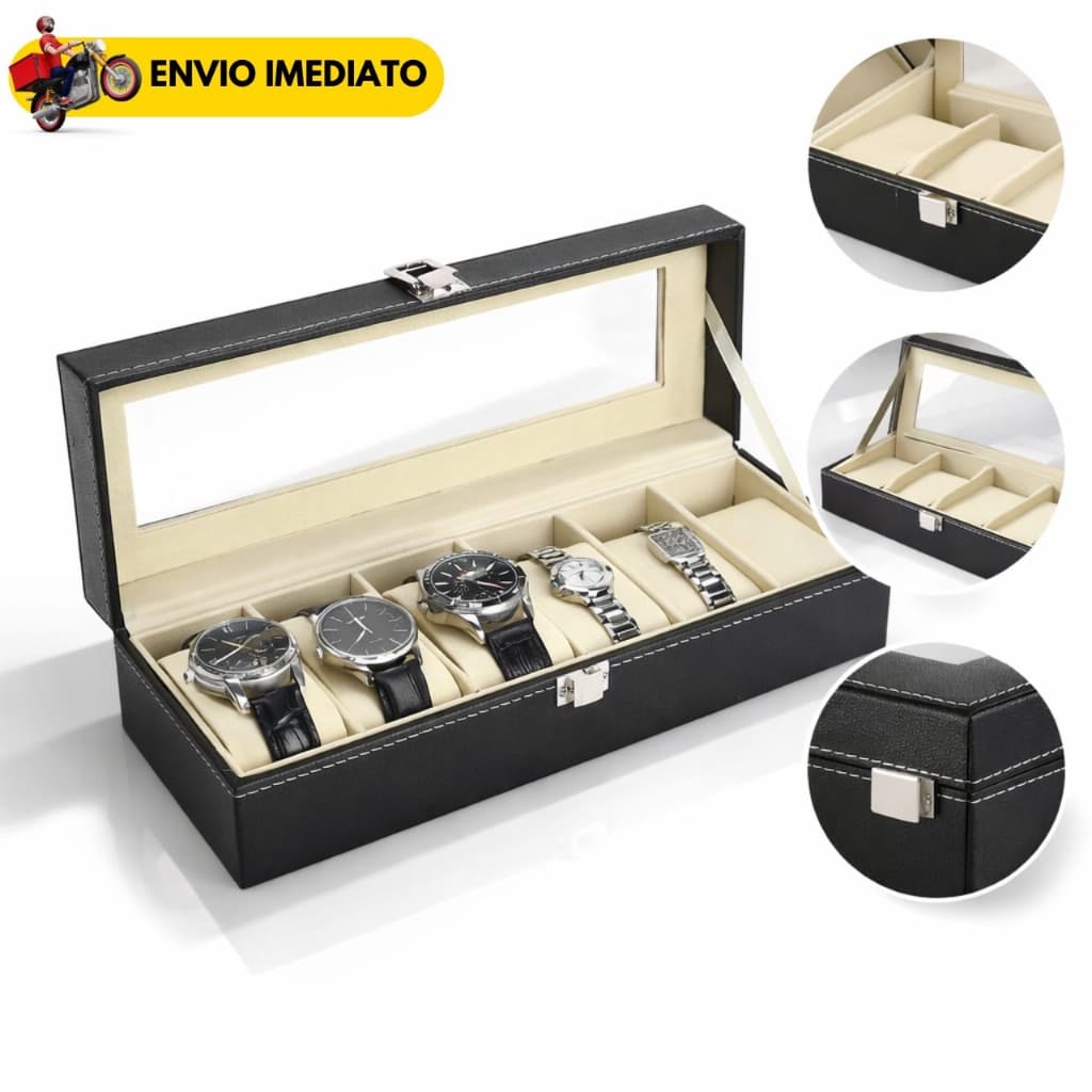 Caixa Organizadora para Relógios 6 Lugares com Visor Estojo Luxo Masculino Expositor com Almofadas Joias e Bijuterias