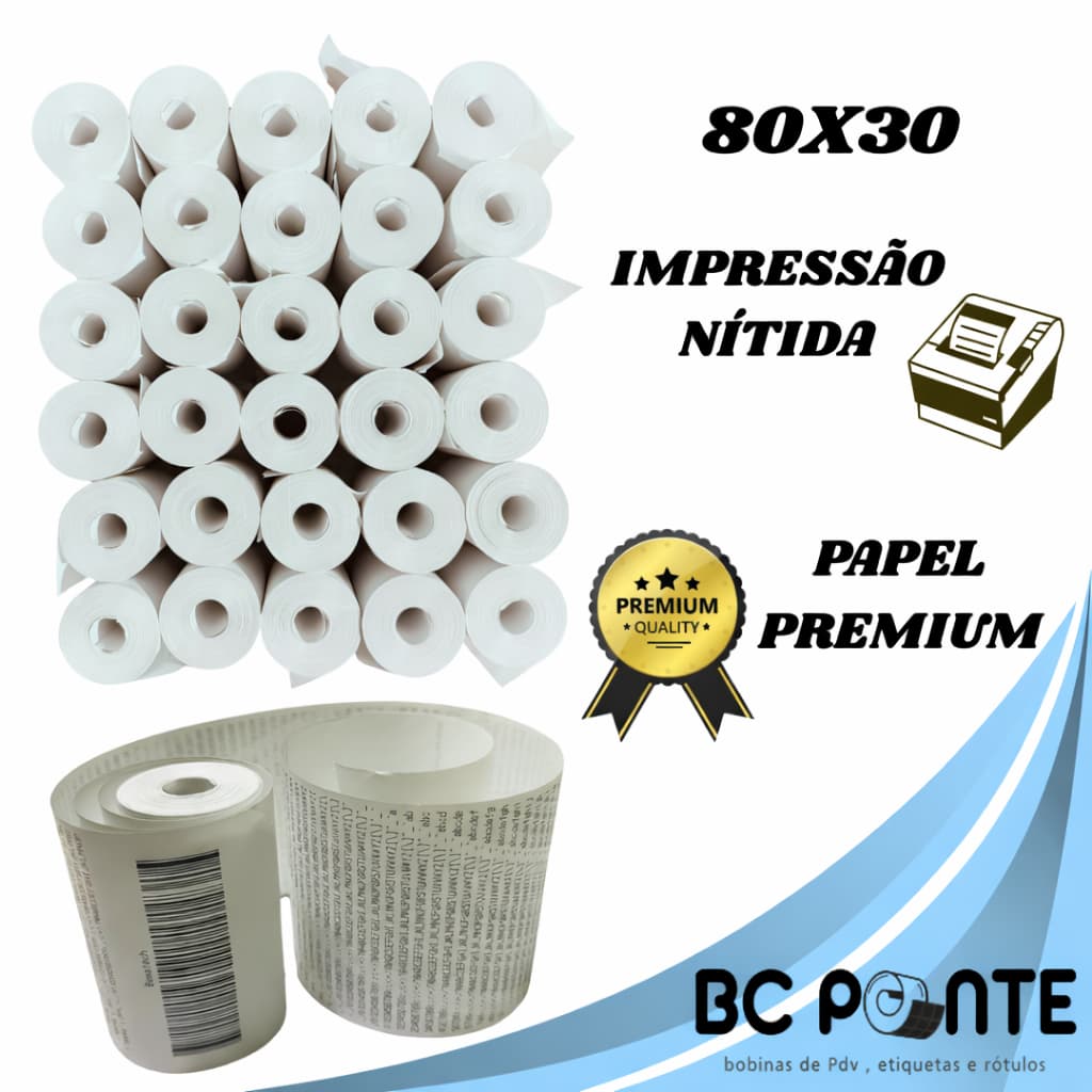 kits 12 a 30 Bobinas Térmica com 30 metros 80x30 branca cupom fiscal pdv para impressora Térmica 80mm