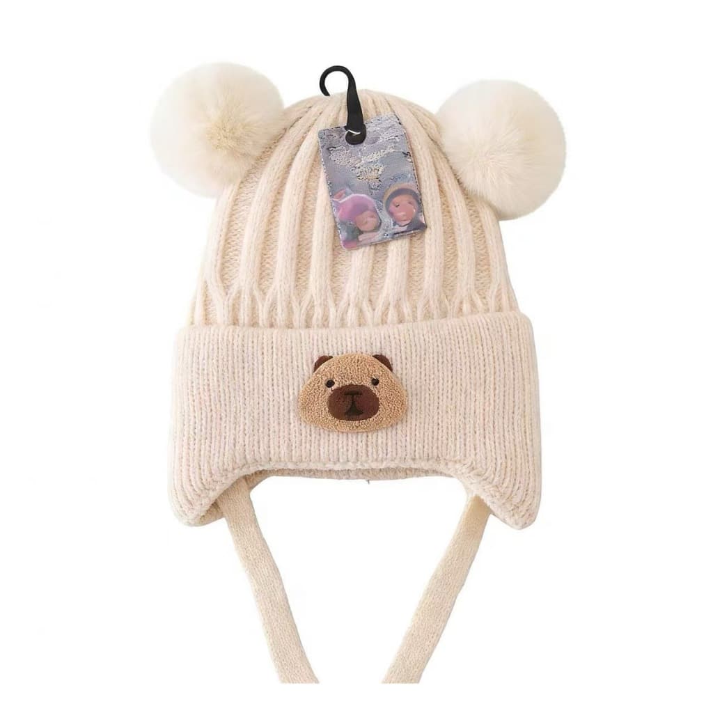 Gorro de Inverno Infantil com Proteção de Orelhas, Dois Pompoms e Aplique de Urso | MZ-666