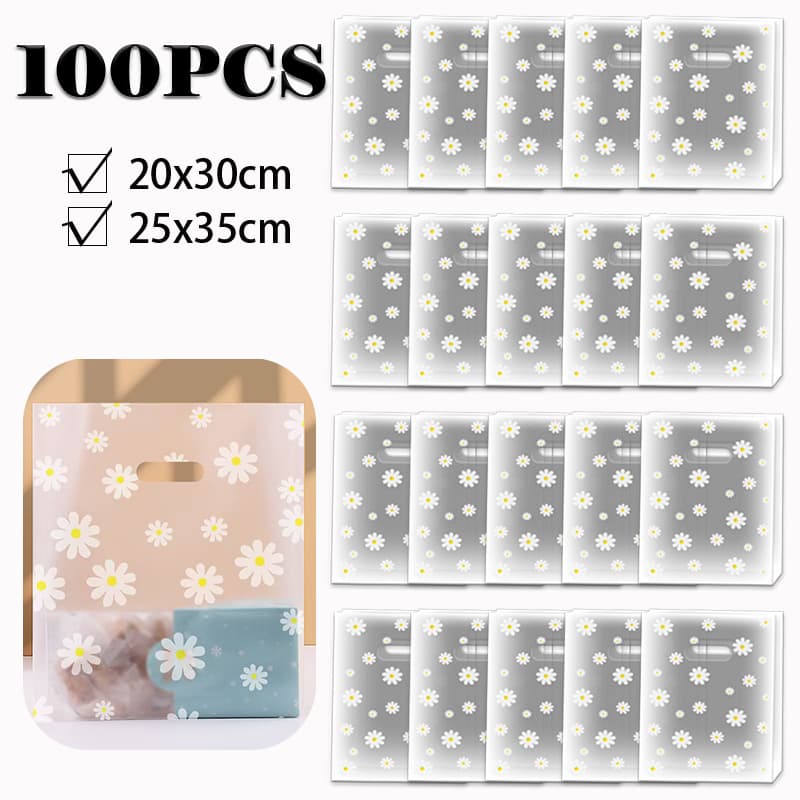 KIT 100 Sacos de Presente Reutilizáveis com Margaridas Sacolas Pequenas Transparentes Design Floral Perfeito para Festa