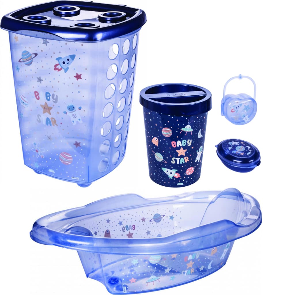 Kit Cesto de Roupa 38L, Banheira 21L, Lixeira 5,5L, Saboneteira e Porta Chupeta Para Bebê ASTRONAUTA