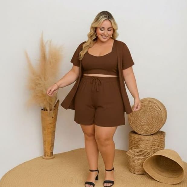 Conjunto Kimono Feminino Tri Junto Plus Size 3 peças Cardigan Plus Size Short Cintura Alta Cropped