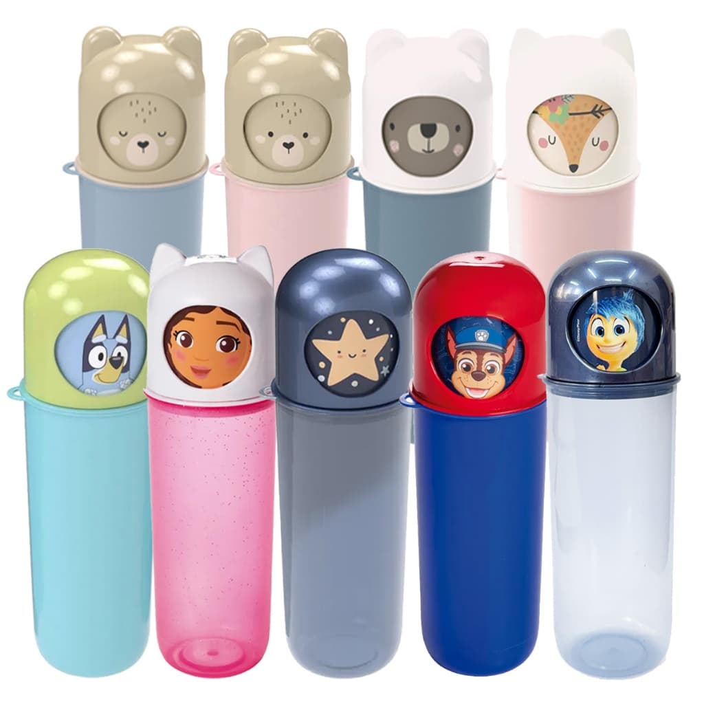 Box Multiuso Ludico Decorado Porta Escova Portátil Viagem Pasta de Dente Lapis Talher Tampa Giratória com Rostinhos