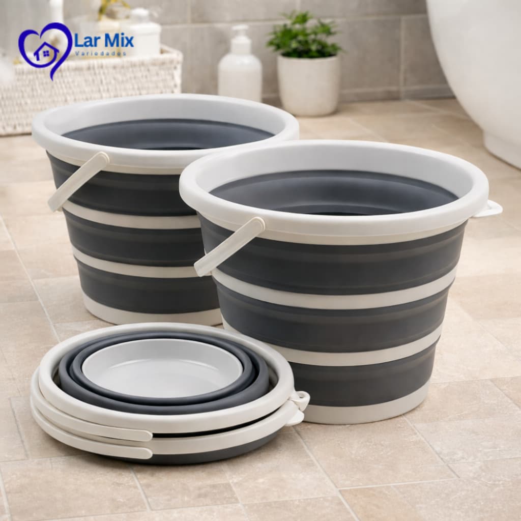 Balde Retrátil 10 Litros Cinza 2 Unidades Bacia Dobrável Flexível Cozinha Limpeza Organização