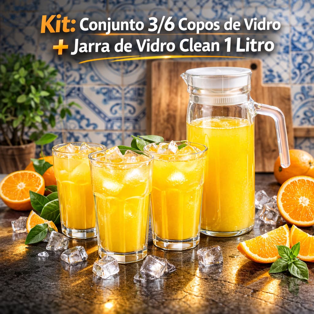 Jarra de Vidro Transparente com Tampa e Alça 1 Litro Jogo 3/6 Copos de 200, 350 e 240 ml Kit Suco Água
