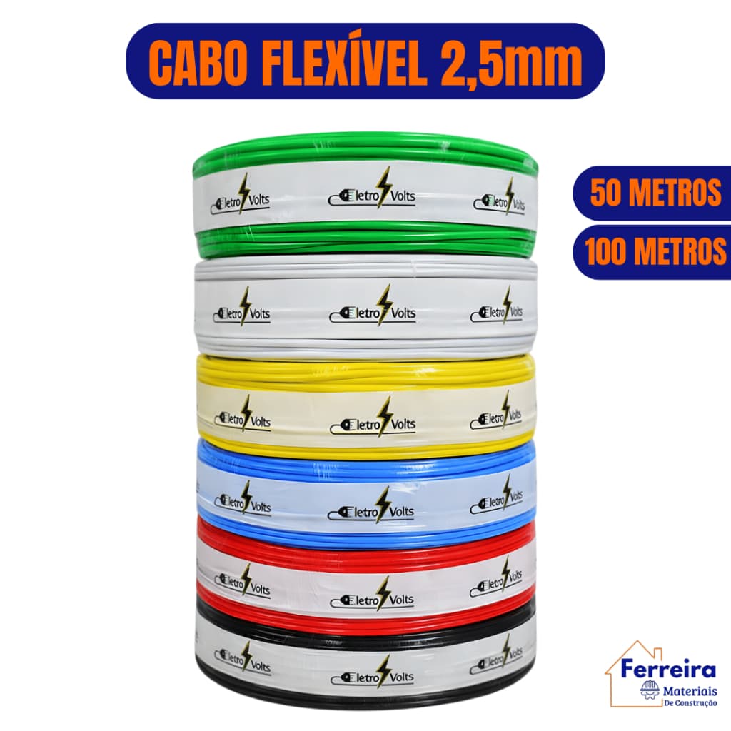 Cabo Elétrico 50/100 Metros Fio Flexível 2,5mm Antichamas 720V