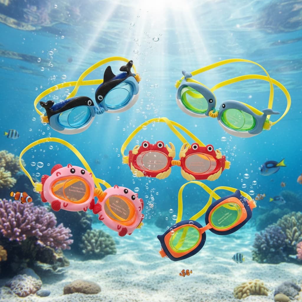 Óculos de Natação Infantil 3+ Anos Antiembaçante Ajustável Animais Marinhos Tubarão Praia Piscina
