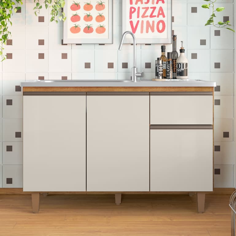 Balcão de Pia de Cozinha MDP 120cm Sem Tampo Armário Cozinha Gabinete 3 Portas 1 Gaveta