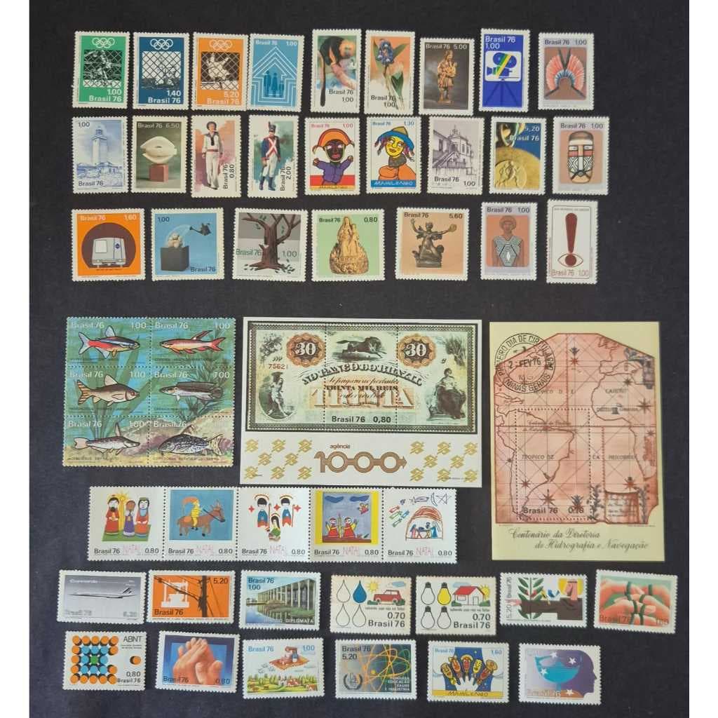 Coleção completa selos postais ano 1976 - Selos novos dos correios + 2 blocos, 1 com CPD.