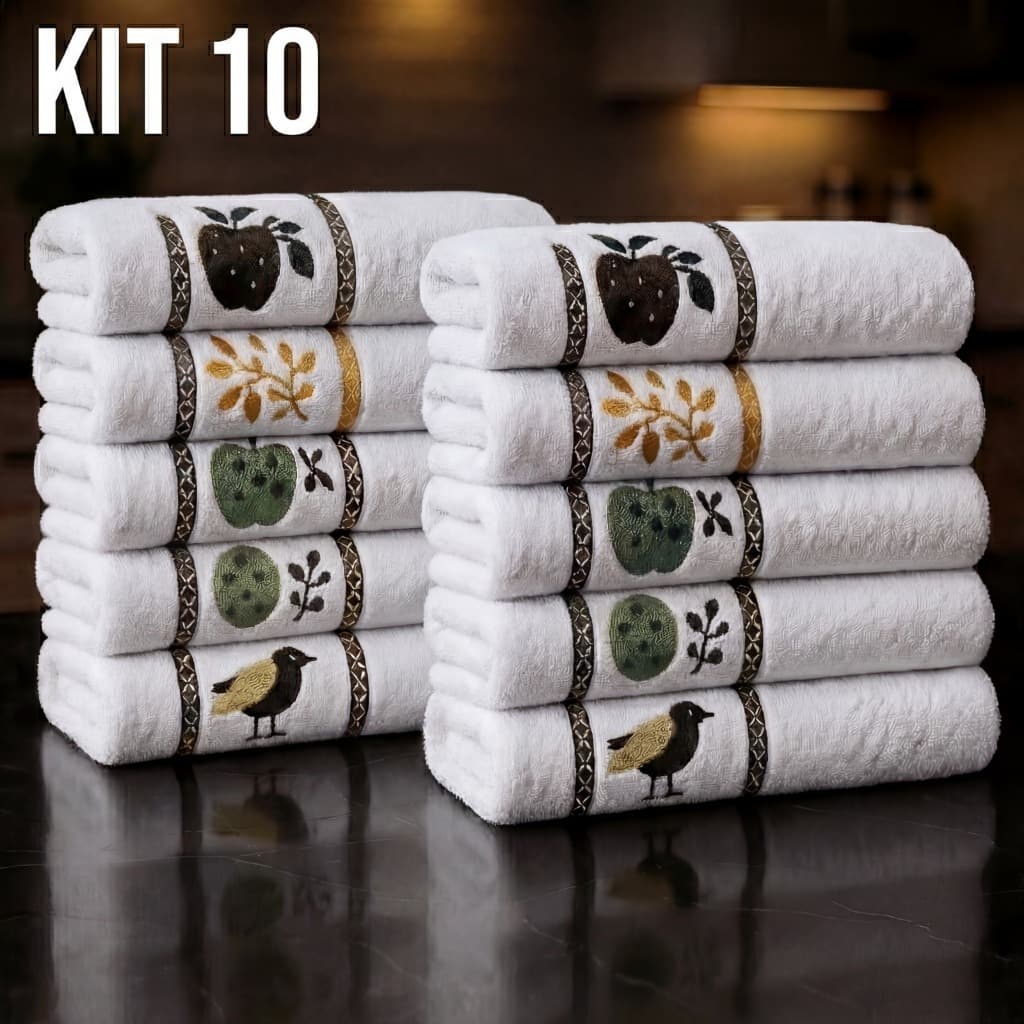 Kit 10 Pano De Copa Jacquard Premium 100% Algodão Desenhos Na Barra