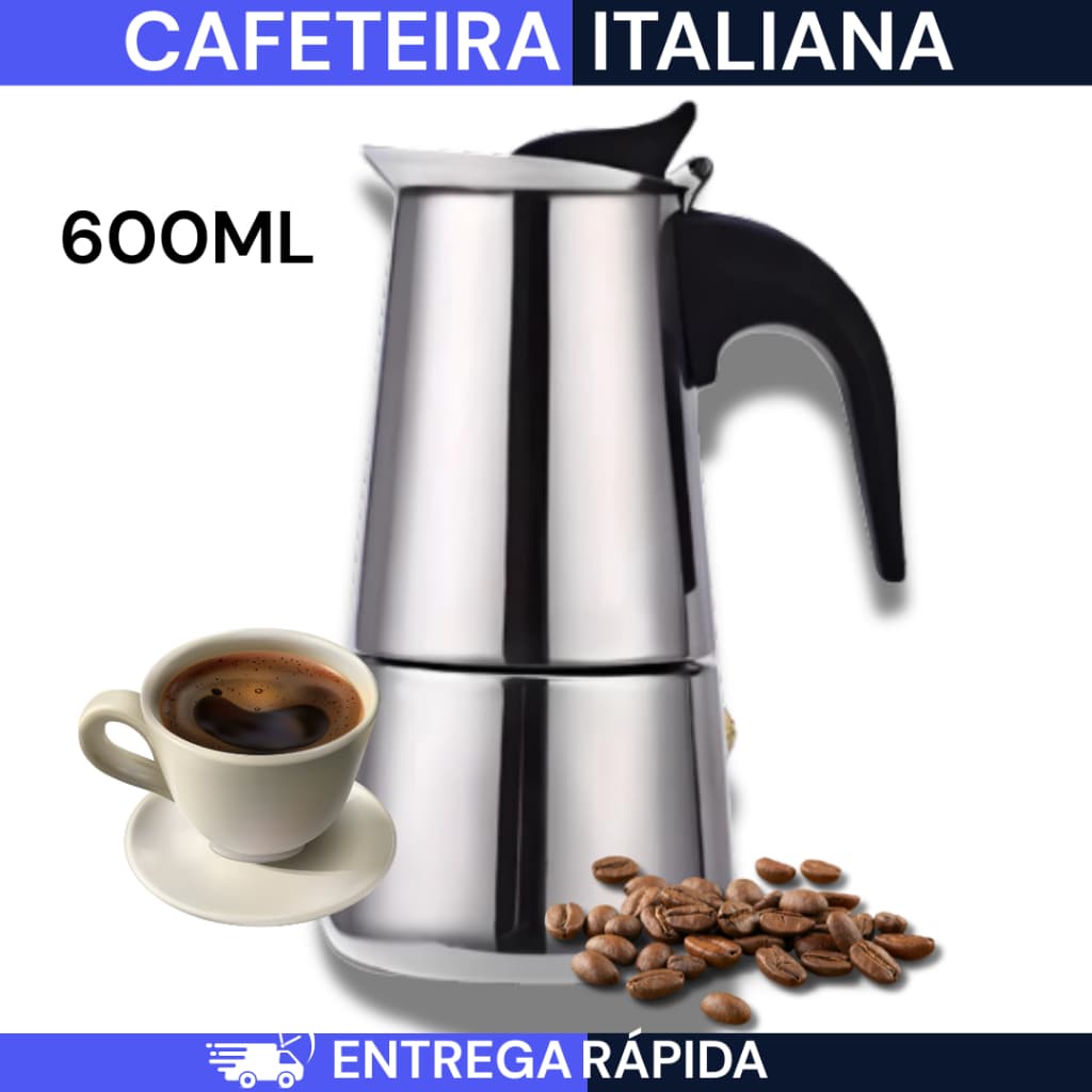 Cafeteira Italiana 600ml 12 Xicaras Aço Inoxidável Inox Café Expresso 600ml PROMOÇÃO LIMITADA