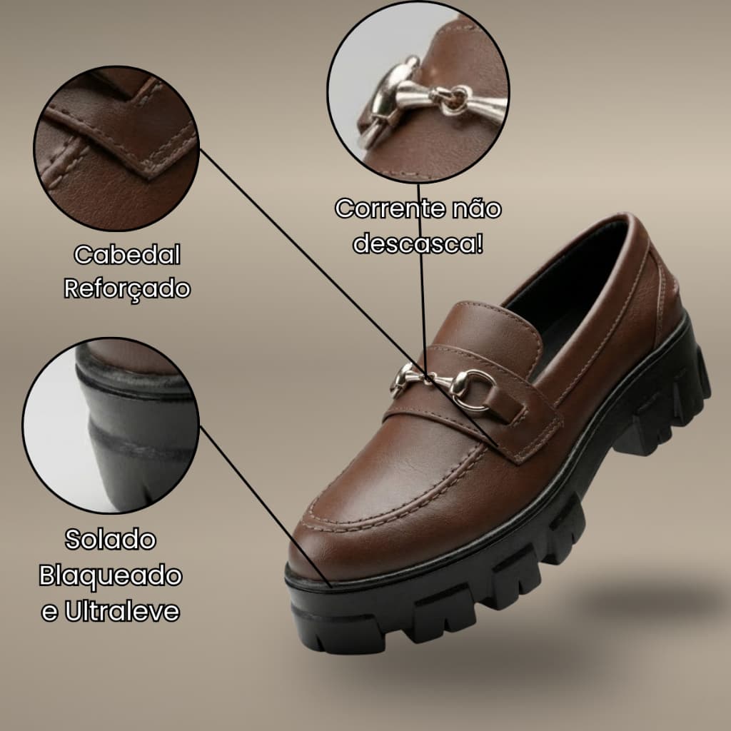 Sapato Mocassim Feminino Tratorado Leve Marrom Loafer Plataforma Confortável