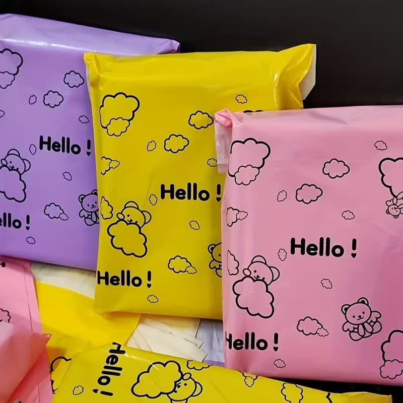 Kit Envelopes de Envios Ursinho "Hello" Amarelo Rosa Lilás para Correios 15x25 17x30 20x30 25x35cm