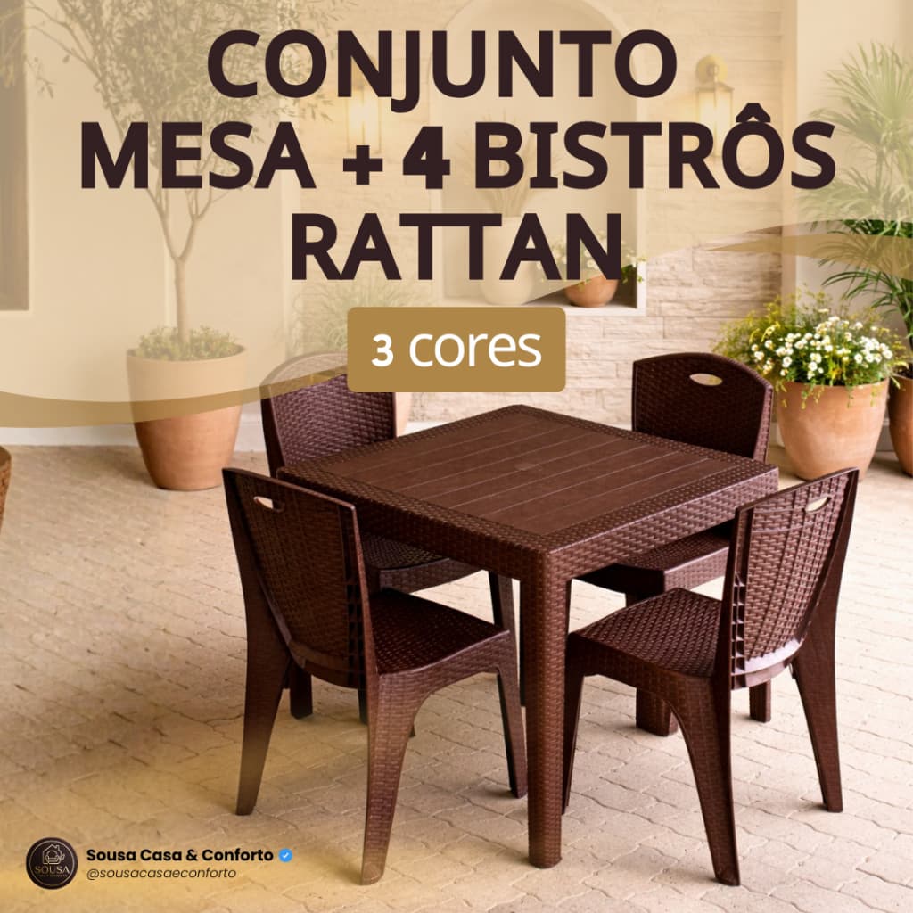 Conjunto Mesa Quadrada com 4 Cadeiras Bistrô Rattan Reforçada Jantar Jardim Salão Festa Casa Lazer
