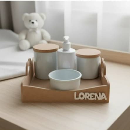 Kit Higiene Bebê Porcelana nome personalizado bandeja quadrada alça sem pintura Tampa Madeira potes