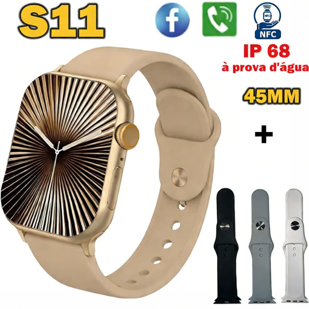 Relógio Inteligente S11 Smartwatch 45mm NFC Chamada Bluetooth IP68 À Prova D'água com 4 Pulseiras