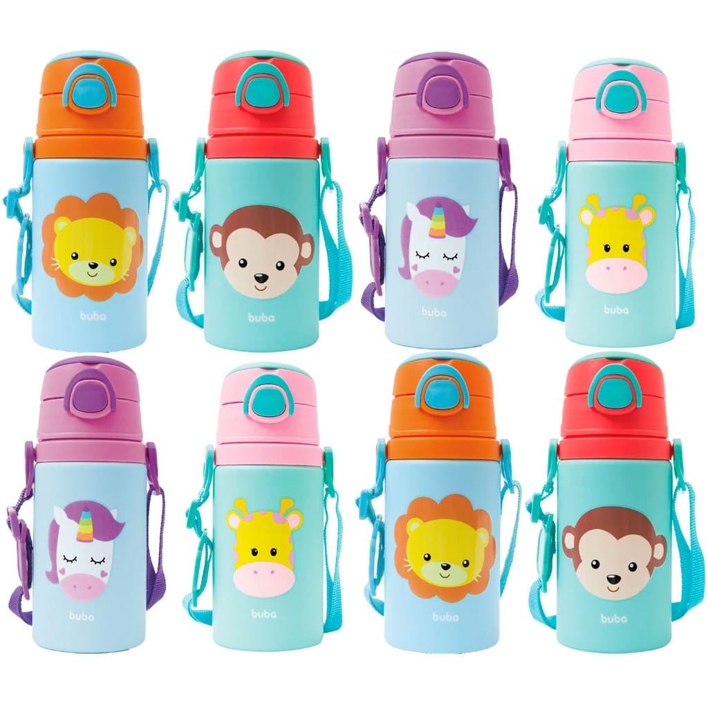 Garrafinha 450ml Alumínio Animal Canudo Silicone Tampa Garrafa Água Infantil Menino Menina Buba