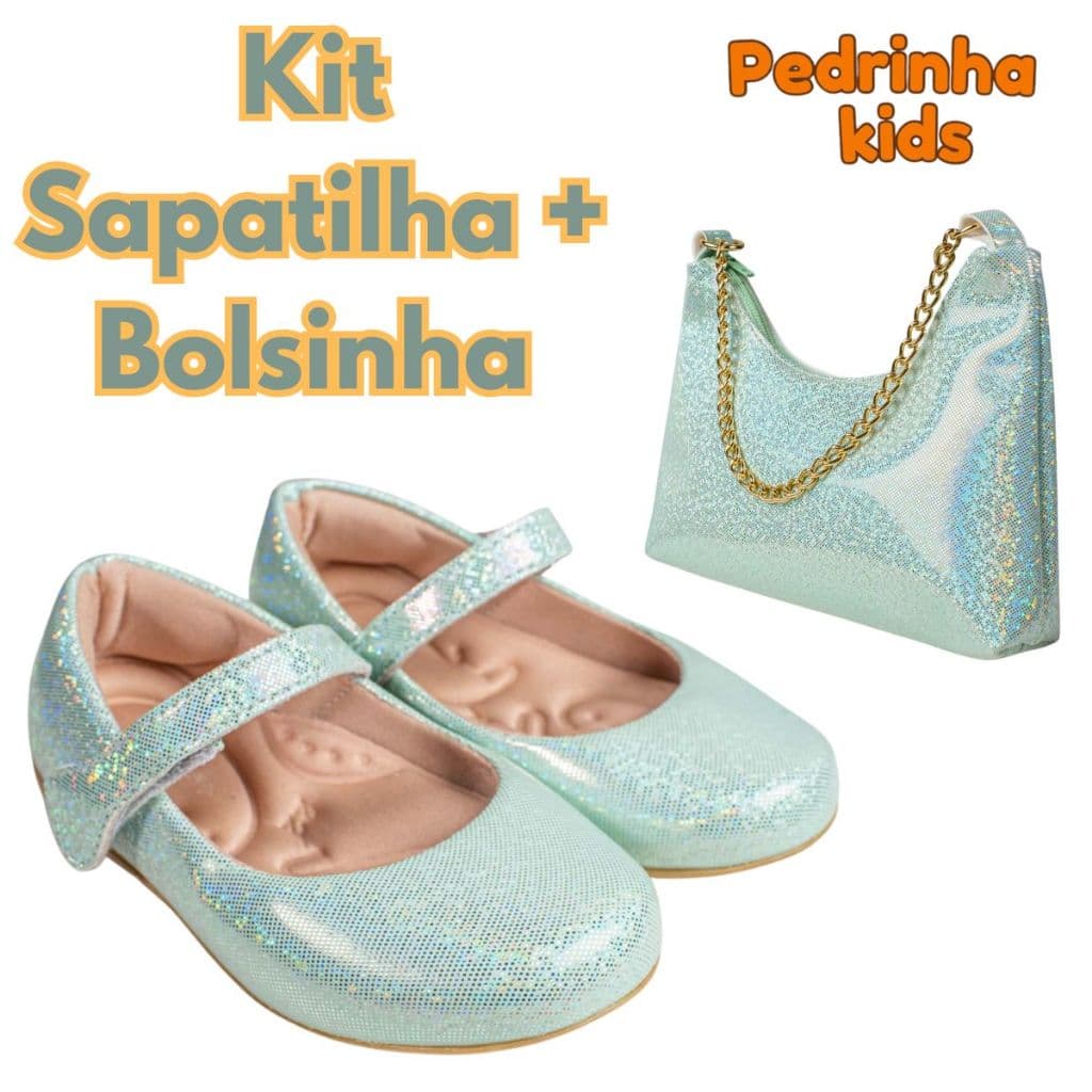 Kit Sapatilha e Bolsa Infantil Menina Brilho Glow Palmilha Confort Macia Delicada Festa Promoção