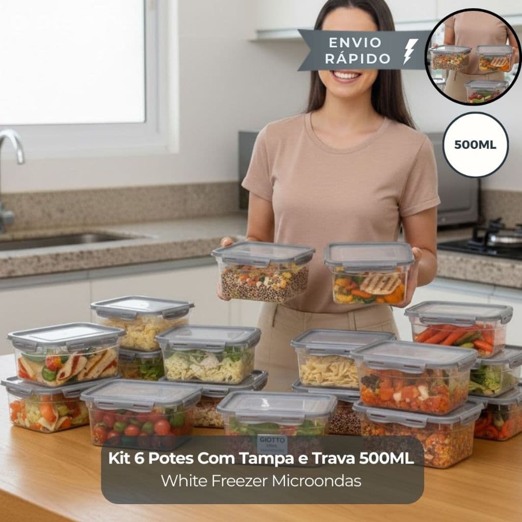 Kit 6 Potes Com Tampa e Trava 500ML Cinza alimentos freezer Micro-ondas fitness cozinha casa