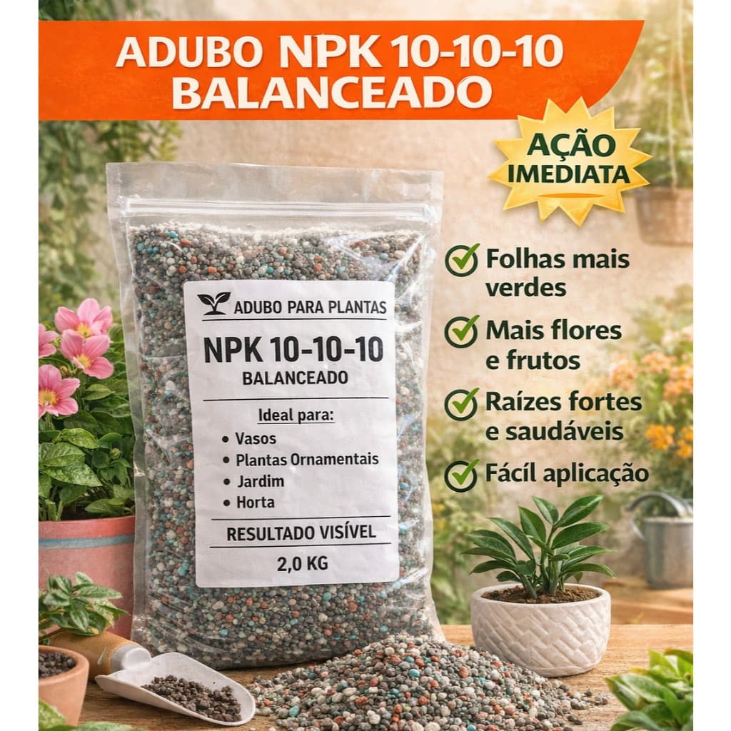 Adubo Fertilizante NPK 10-10-10 2Kg - Completo para horta flores e jardim