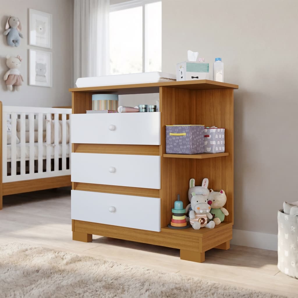 Cômoda Infantil 3 Gavetas com Nichos e trocador Organizador Quarto Bebê Multiuso com Puxadores