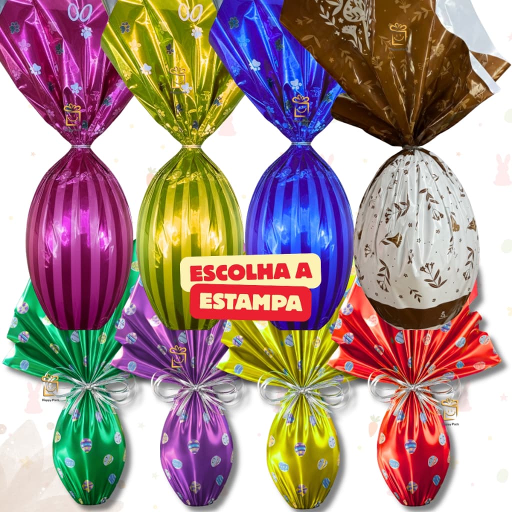 Kit 25 Embalagem Ovo de Páscoa 100g-750g Metalizada Vários Tamanhos e Estampas Saco Envelope