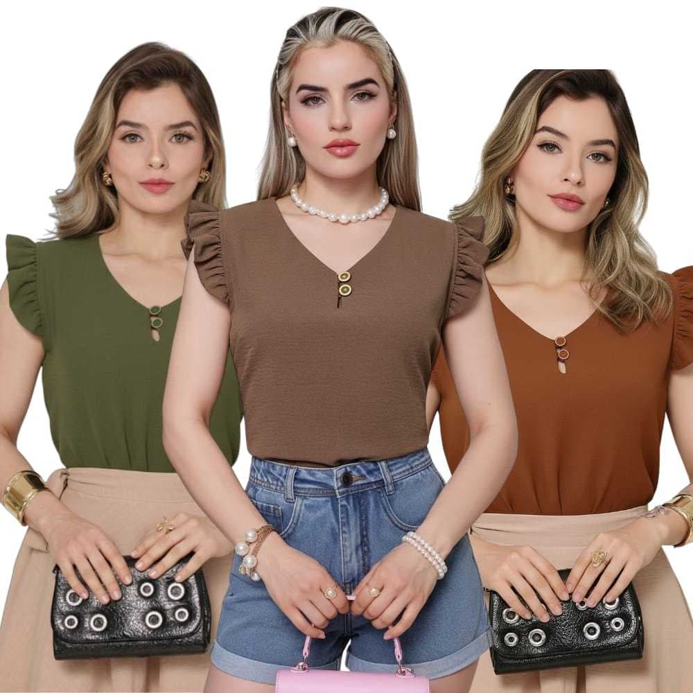 Blusa Feminina Tecido Duna Leve Elegante Verão Com Manga Princesa e Botões Dourados Forrados