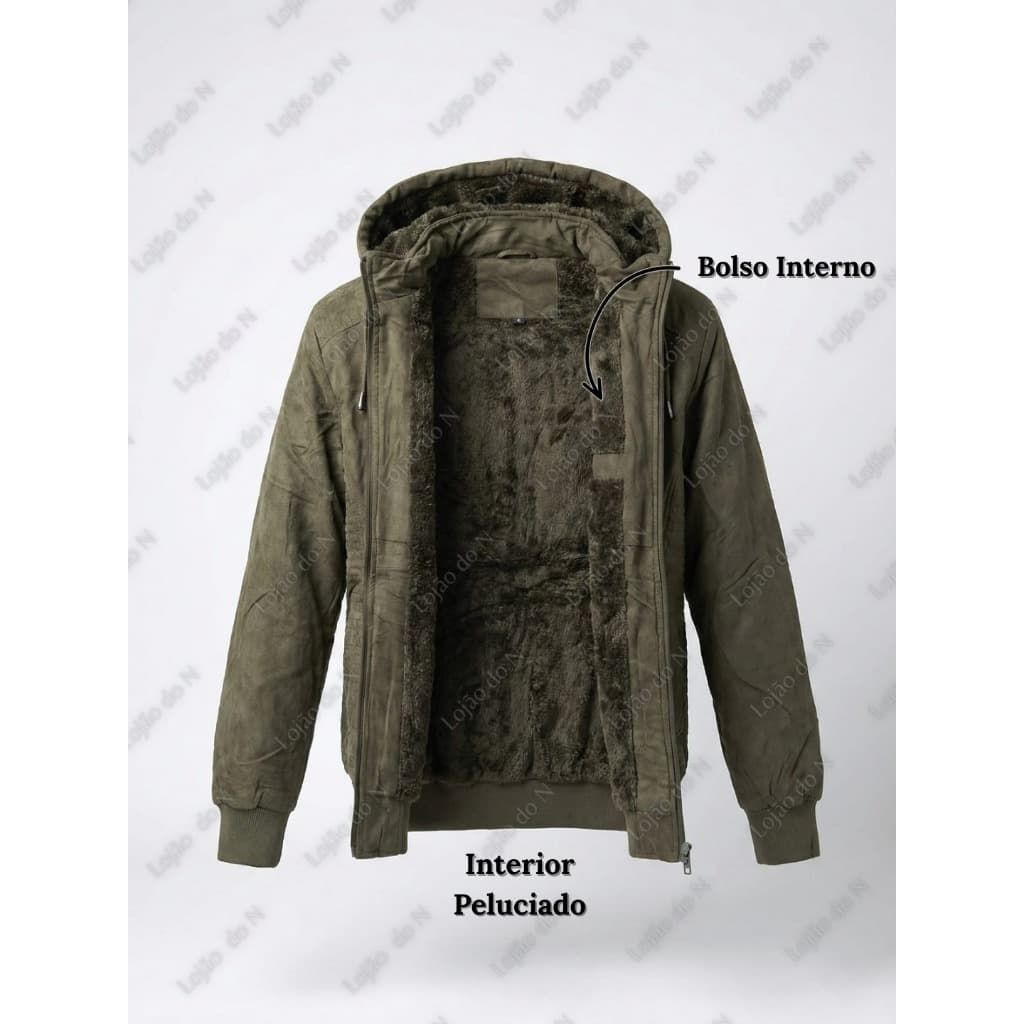 Jaqueta Masculina Suede Camurça Peluciada com Capuz Removível