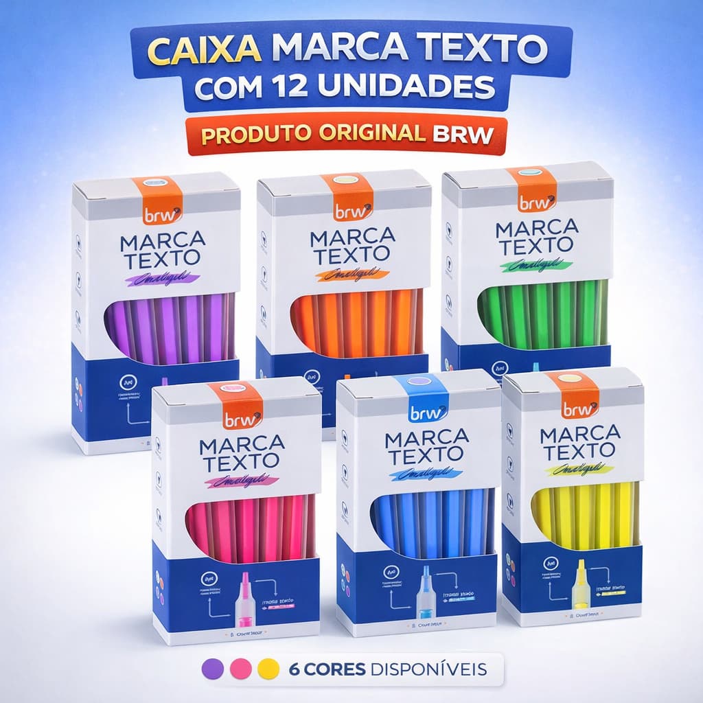 Caixa Marca Texto Fluorescente BRW 12 Unidades Ponta Chanfrada 1-4mm Escolar